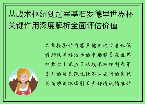 从战术枢纽到冠军基石罗德里世界杯关键作用深度解析全面评估价值